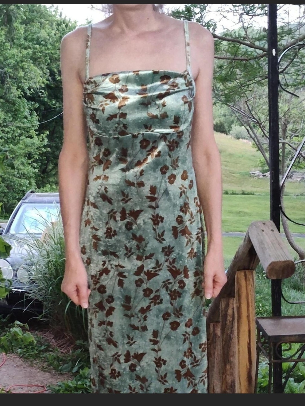 Green Floral Velvet Dress with Spaghetti Straps And Brown Floral Pattern